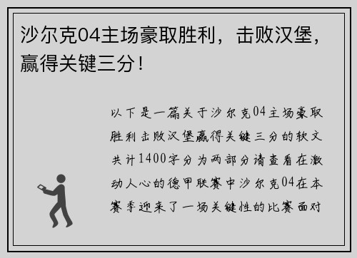 沙尔克04主场豪取胜利，击败汉堡，赢得关键三分！