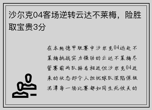 沙尔克04客场逆转云达不莱梅，险胜取宝贵3分